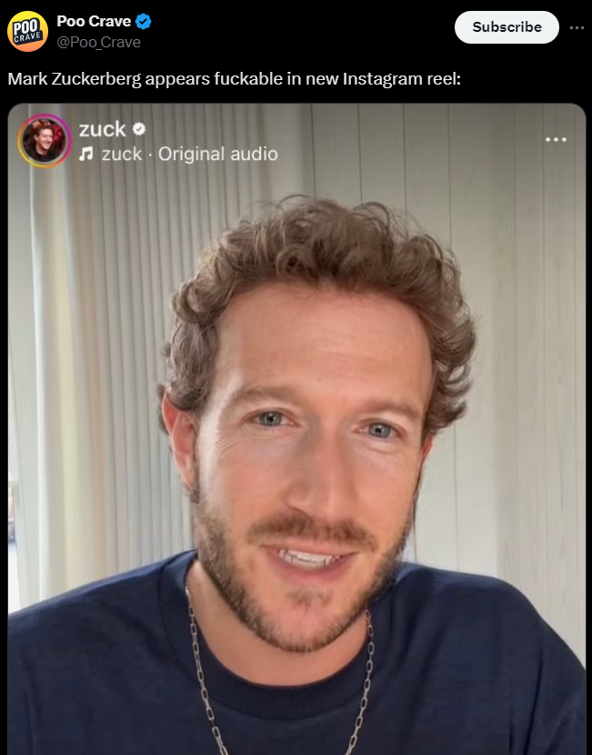 mark zuckerberg - Poo Poo Crave Crave Mark Zuckerberg appears fuckable in new Instagram reel zuck zuck Original audio Subscribe